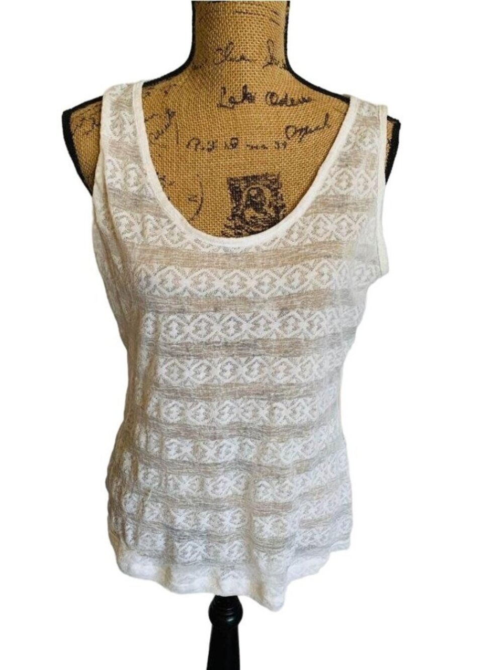 Cream Sheer Romy Tank Top XLarge with Wide Stripes and Lace Look